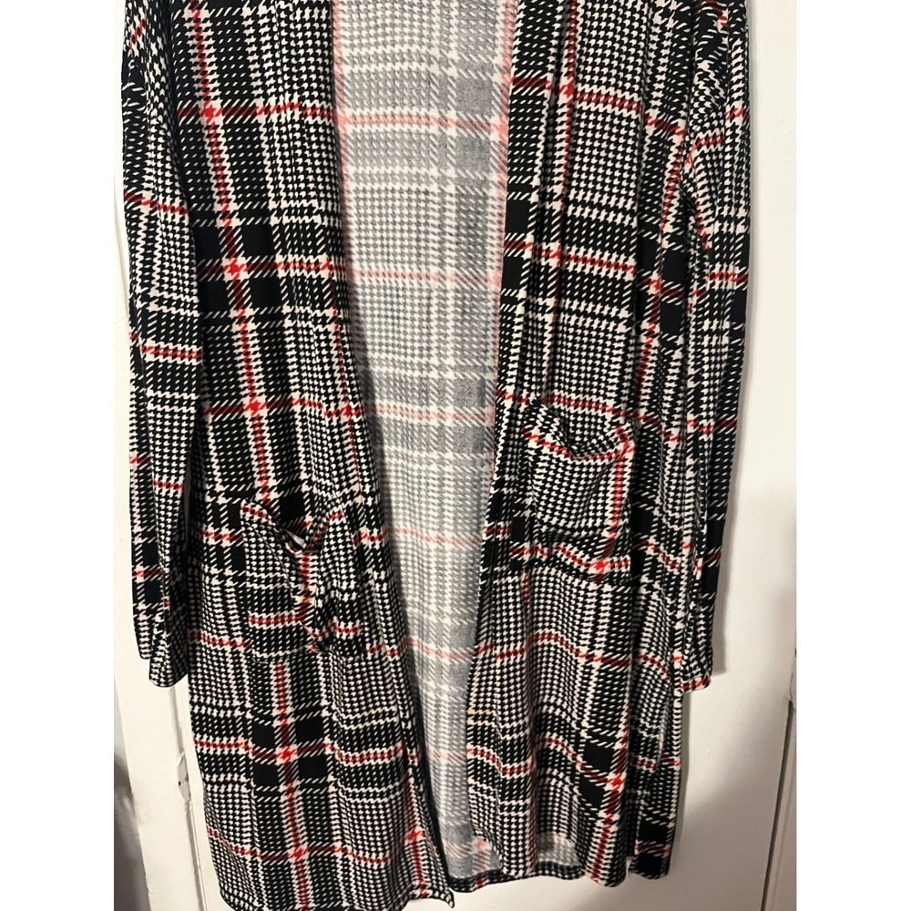 Lildy Womens Plaid Hooded Cardigan Black White Red Open Front Longline L XL - Picture 2 of 6